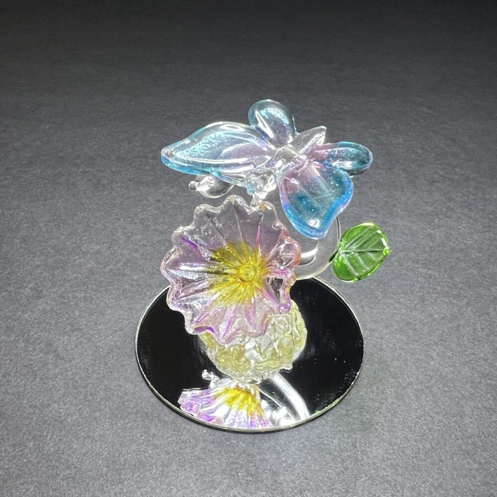 Hand Blown Spun Art Glass Decorative Pink & Blue Butterfly on Flower Figurine